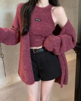 Tight halter cardigan knitted slim sweater 2pcs set