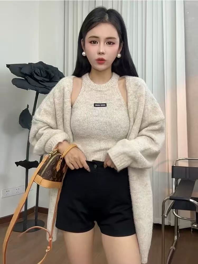 Tight halter cardigan knitted slim sweater 2pcs set