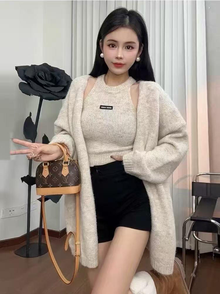 Tight halter cardigan knitted slim sweater 2pcs set