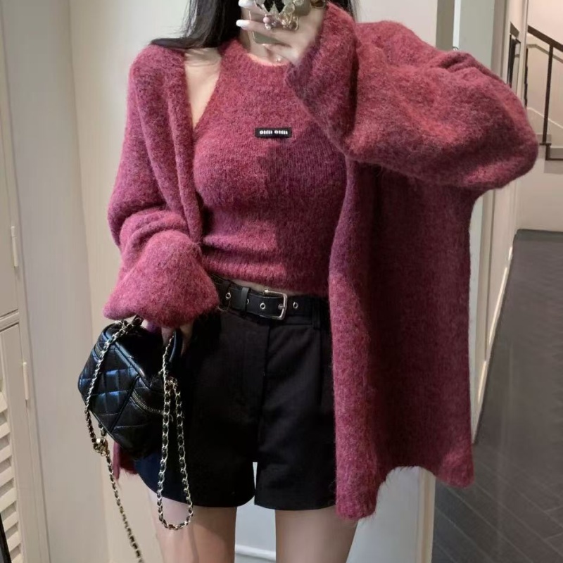 Tight halter cardigan knitted slim sweater 2pcs set