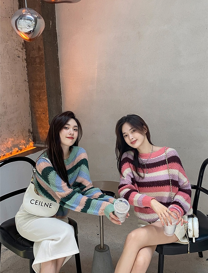 Colors stripe mixed colors sweater loose sweet autumn tops