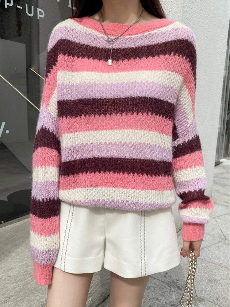 Colors stripe mixed colors sweater loose sweet autumn tops