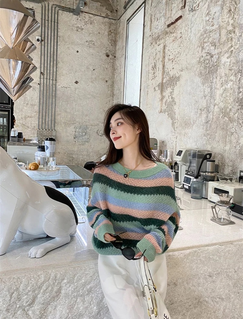Colors stripe mixed colors sweater loose sweet autumn tops