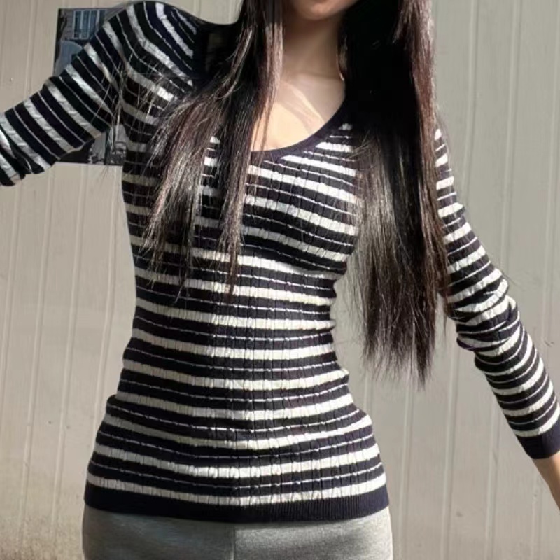 Stripe V-neck sweater knitted tops for women