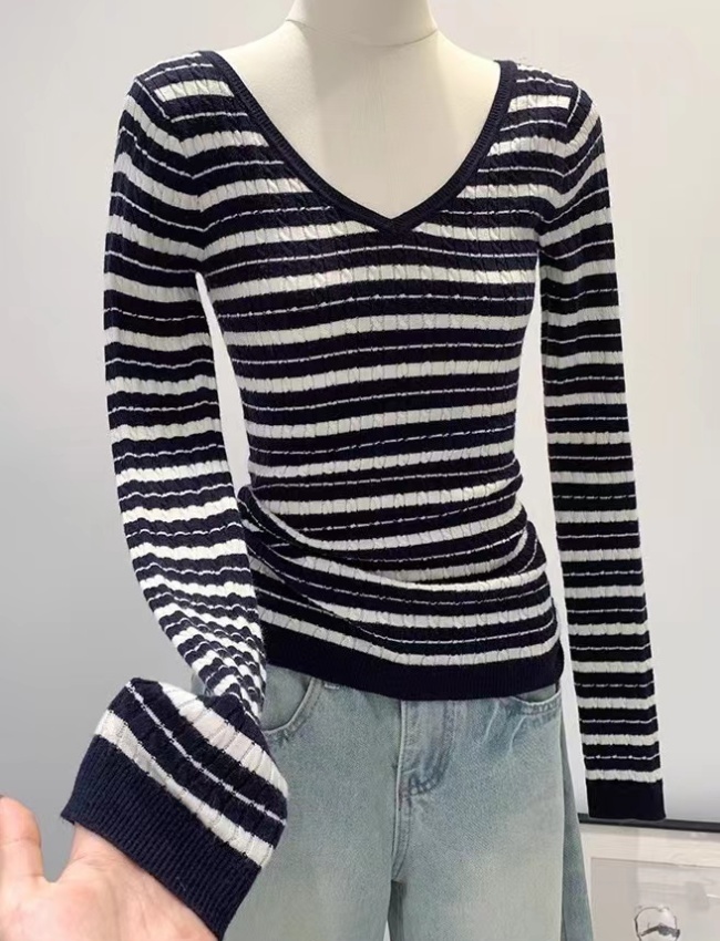 Stripe V-neck sweater knitted tops for women