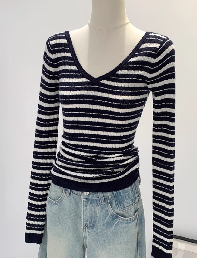 Stripe V-neck sweater knitted tops for women