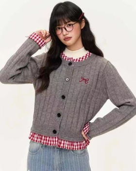 Splice plaid sweater American style cardigan for women