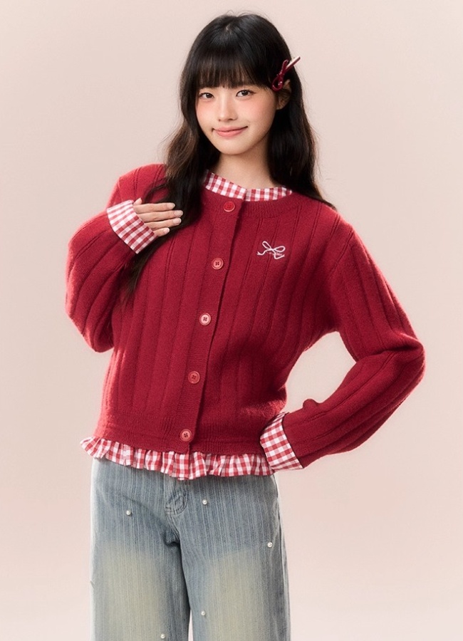 Splice plaid sweater American style cardigan for women