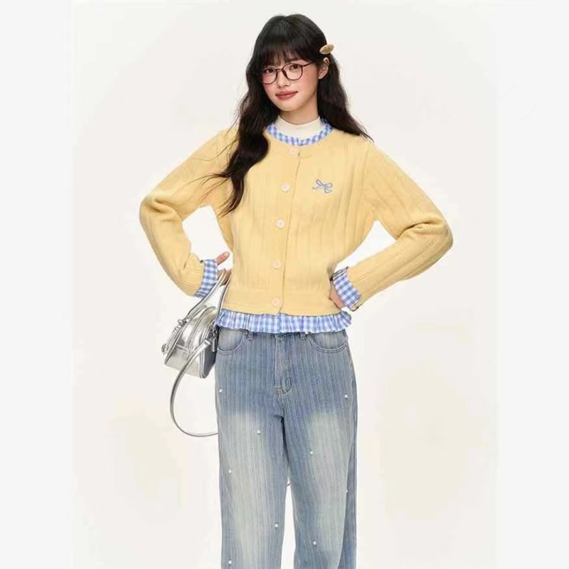 Splice plaid sweater American style cardigan for women