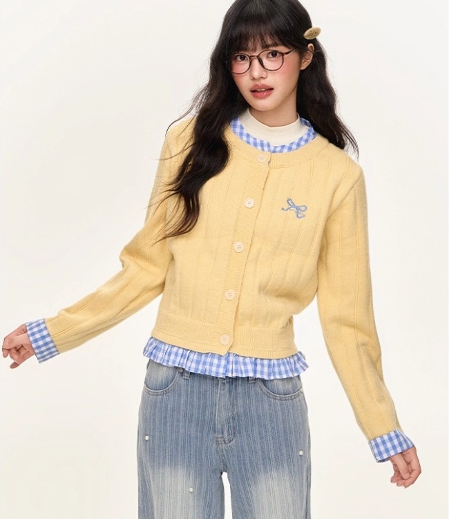 Splice plaid sweater American style cardigan for women