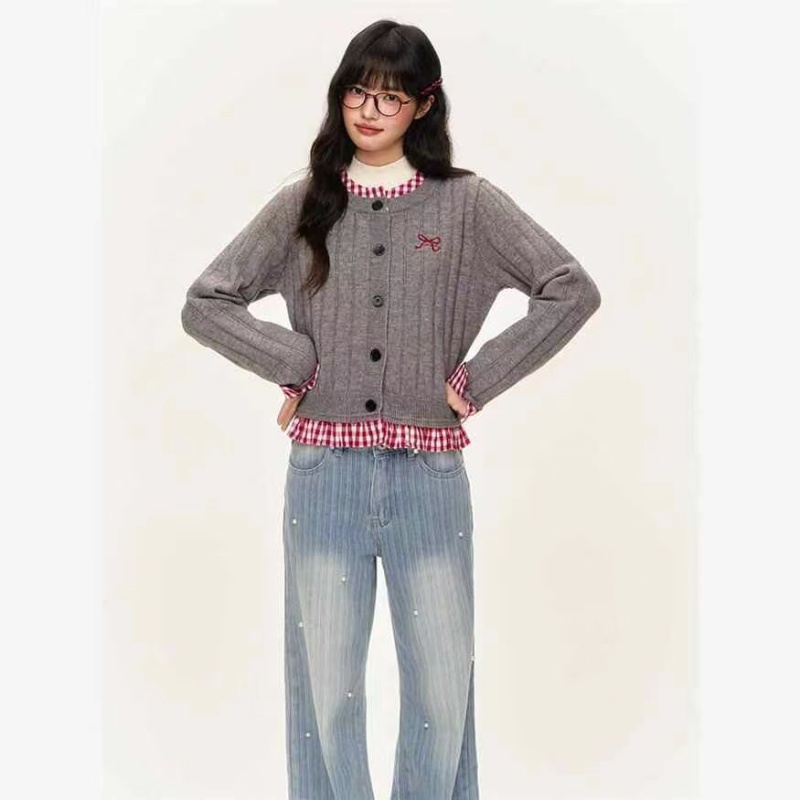 Splice plaid sweater American style cardigan for women