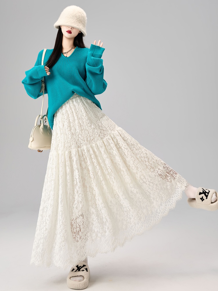 A-line splice long hook flower slim skirt for women