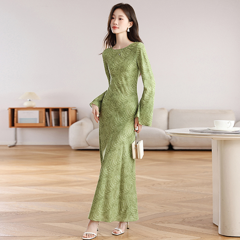 Retro long sleeve printing temperament slim dress for women