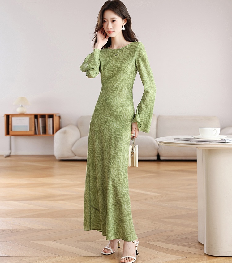 Retro long sleeve printing temperament slim dress for women