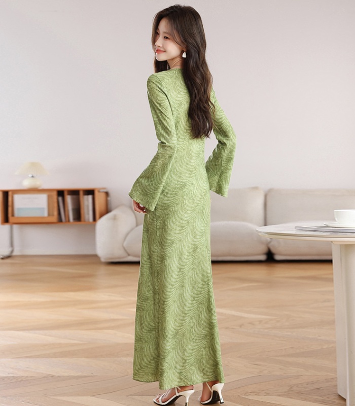 Retro long sleeve printing temperament slim dress for women