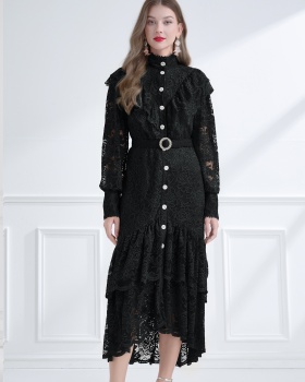 Cstand collar vacation autumn lace lotus leaf edges dress