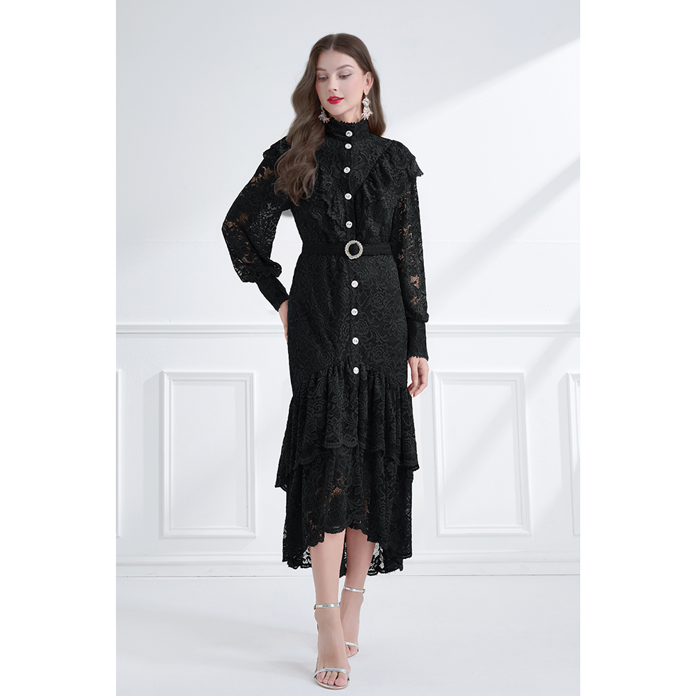 Cstand collar vacation autumn lace lotus leaf edges dress