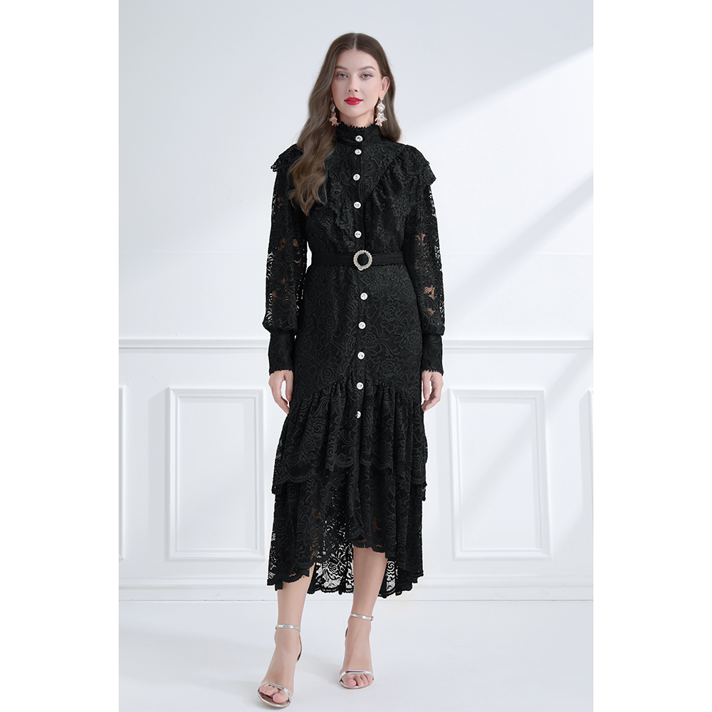 Cstand collar vacation autumn lace lotus leaf edges dress