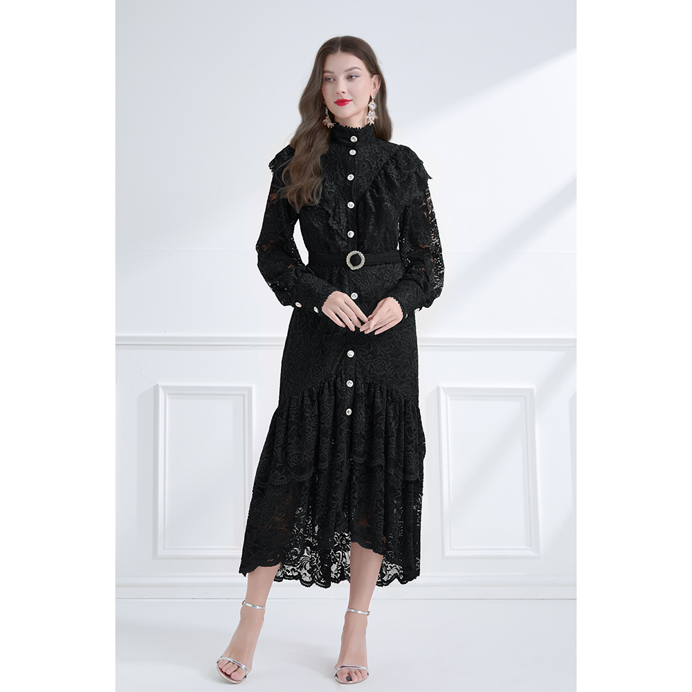 Cstand collar vacation autumn lace lotus leaf edges dress