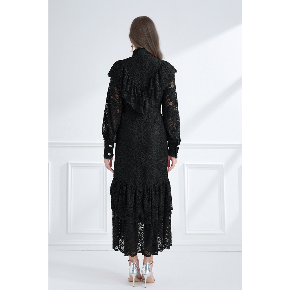 Cstand collar vacation autumn lace lotus leaf edges dress