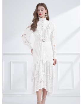 Lotus leaf edges vacation pinched waist lace dress