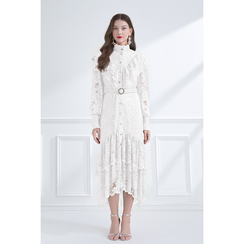 Lotus leaf edges vacation pinched waist lace dress