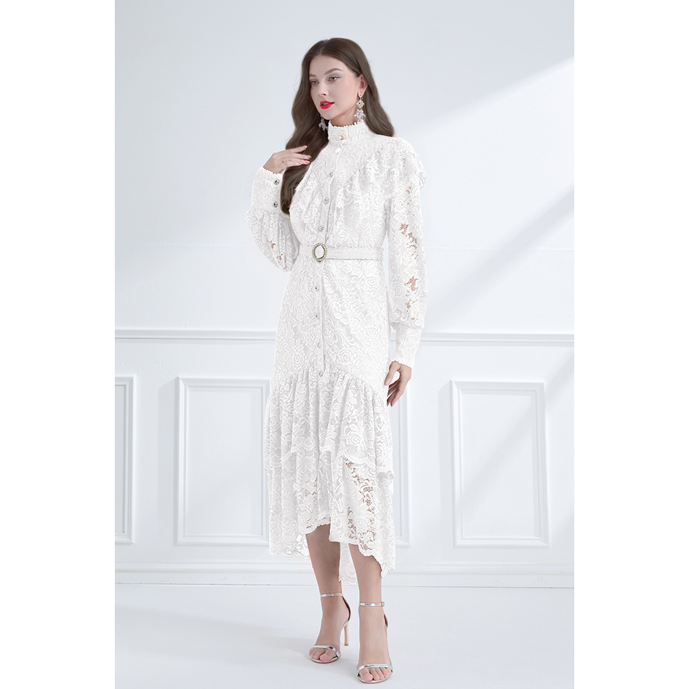 Lotus leaf edges vacation pinched waist lace dress