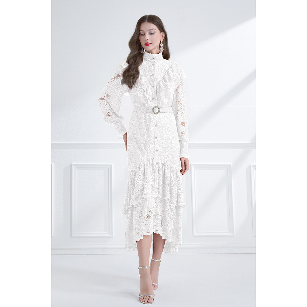 Lotus leaf edges vacation pinched waist lace dress
