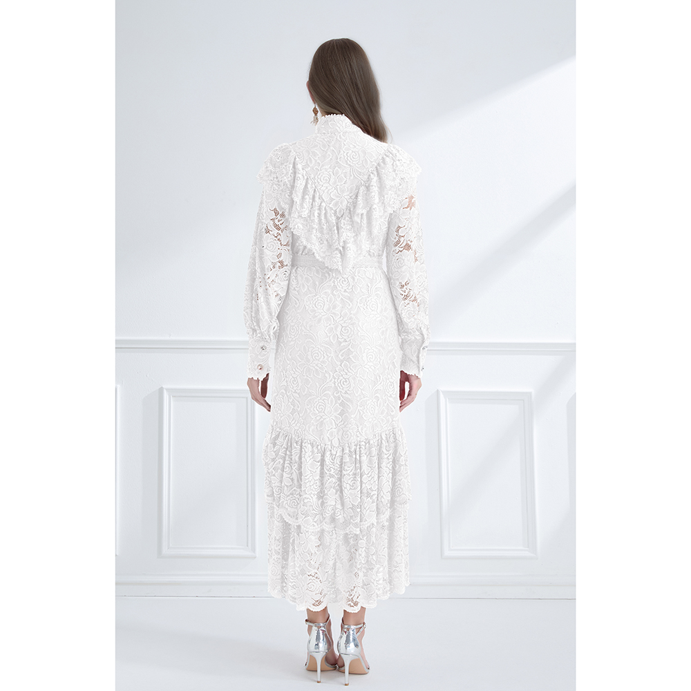 Lotus leaf edges vacation pinched waist lace dress