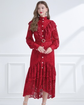 Pinched waist autumn cstand collar elegant style double dress