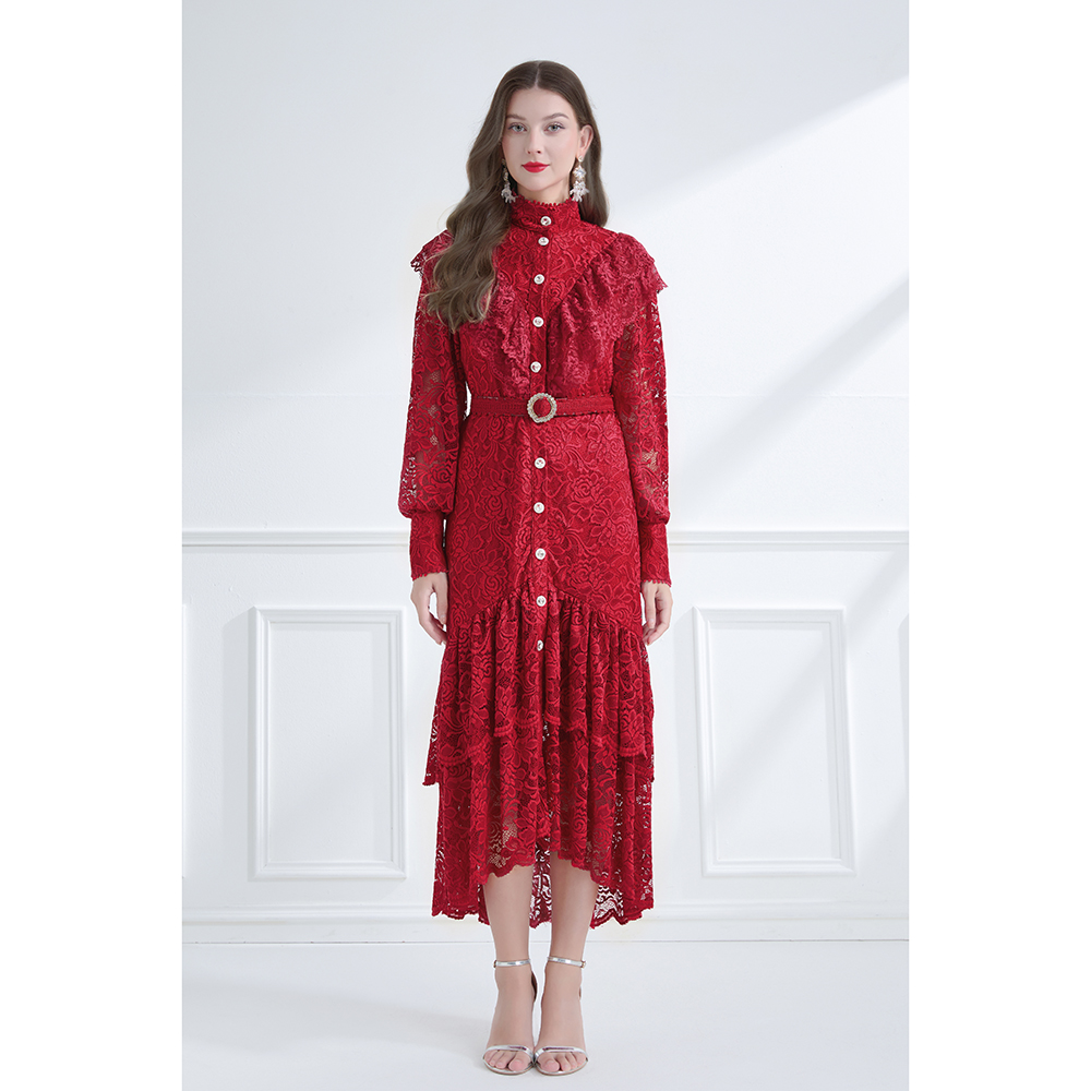 Pinched waist autumn cstand collar elegant style double dress