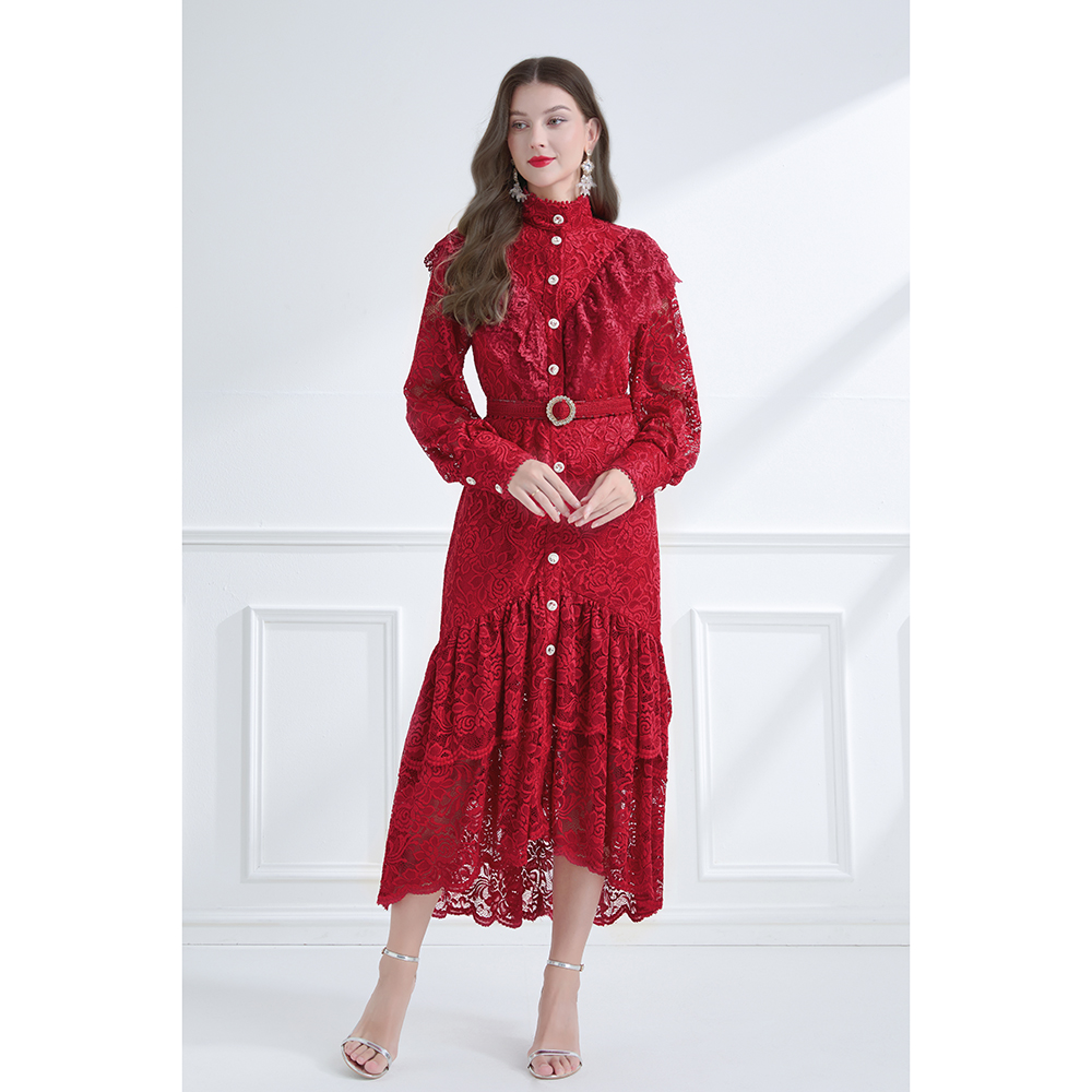 Pinched waist autumn cstand collar elegant style double dress