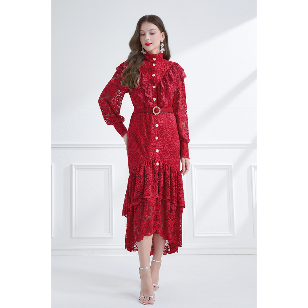 Pinched waist autumn cstand collar elegant style double dress