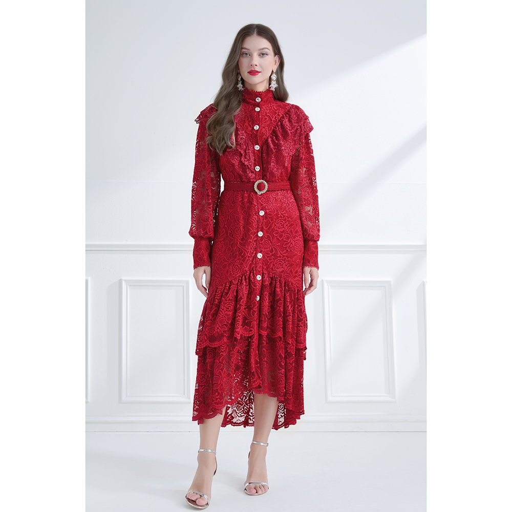 Pinched waist autumn cstand collar elegant style double dress