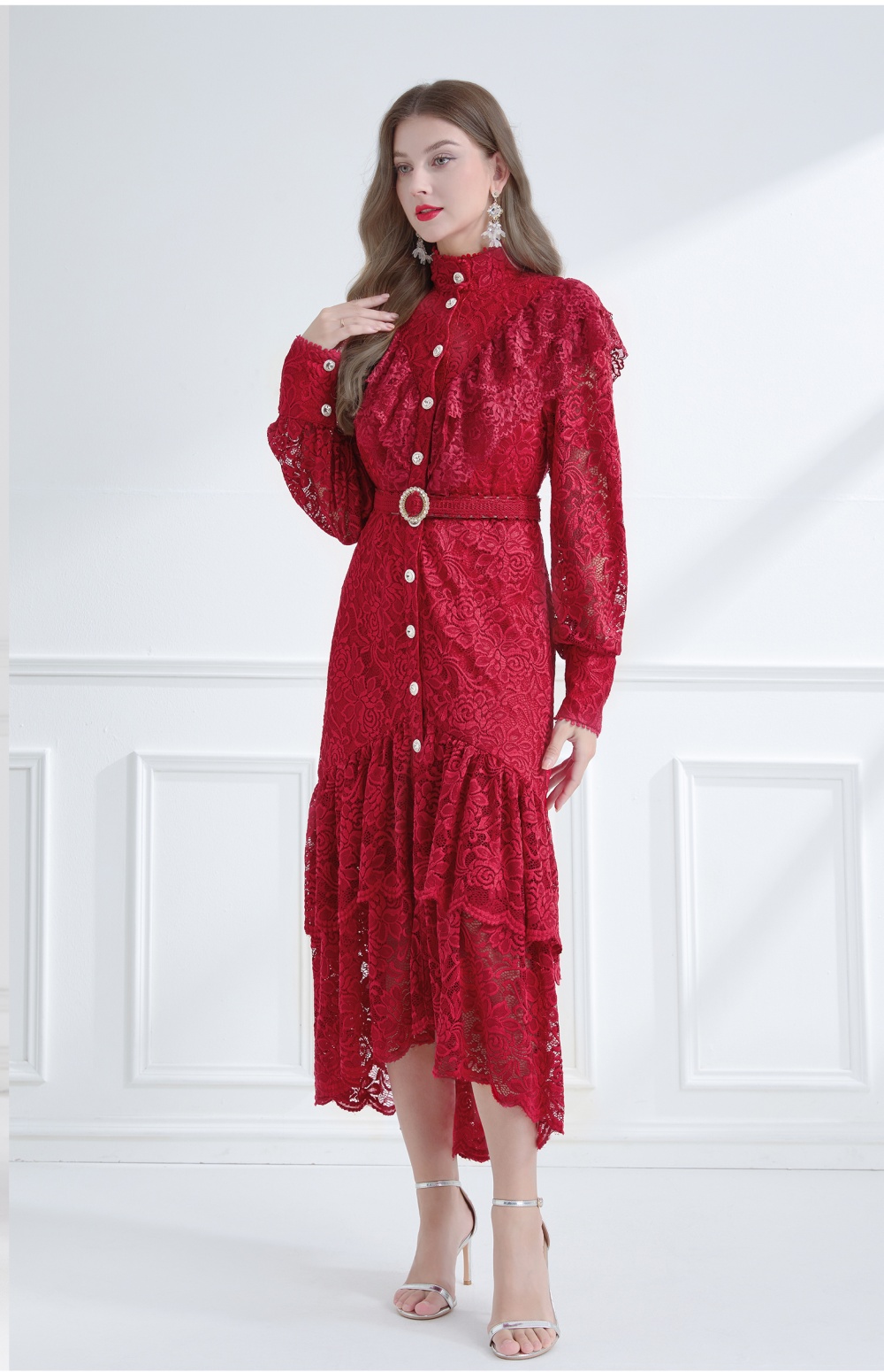 Pinched waist autumn cstand collar elegant style double dress