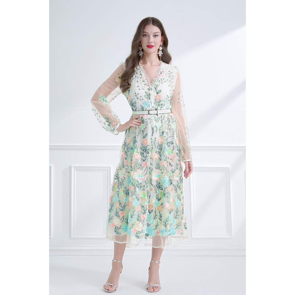 V-neck pinched waist lantern sleeve embroidered dress