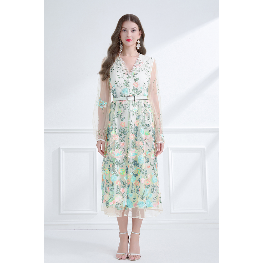 V-neck pinched waist lantern sleeve embroidered dress