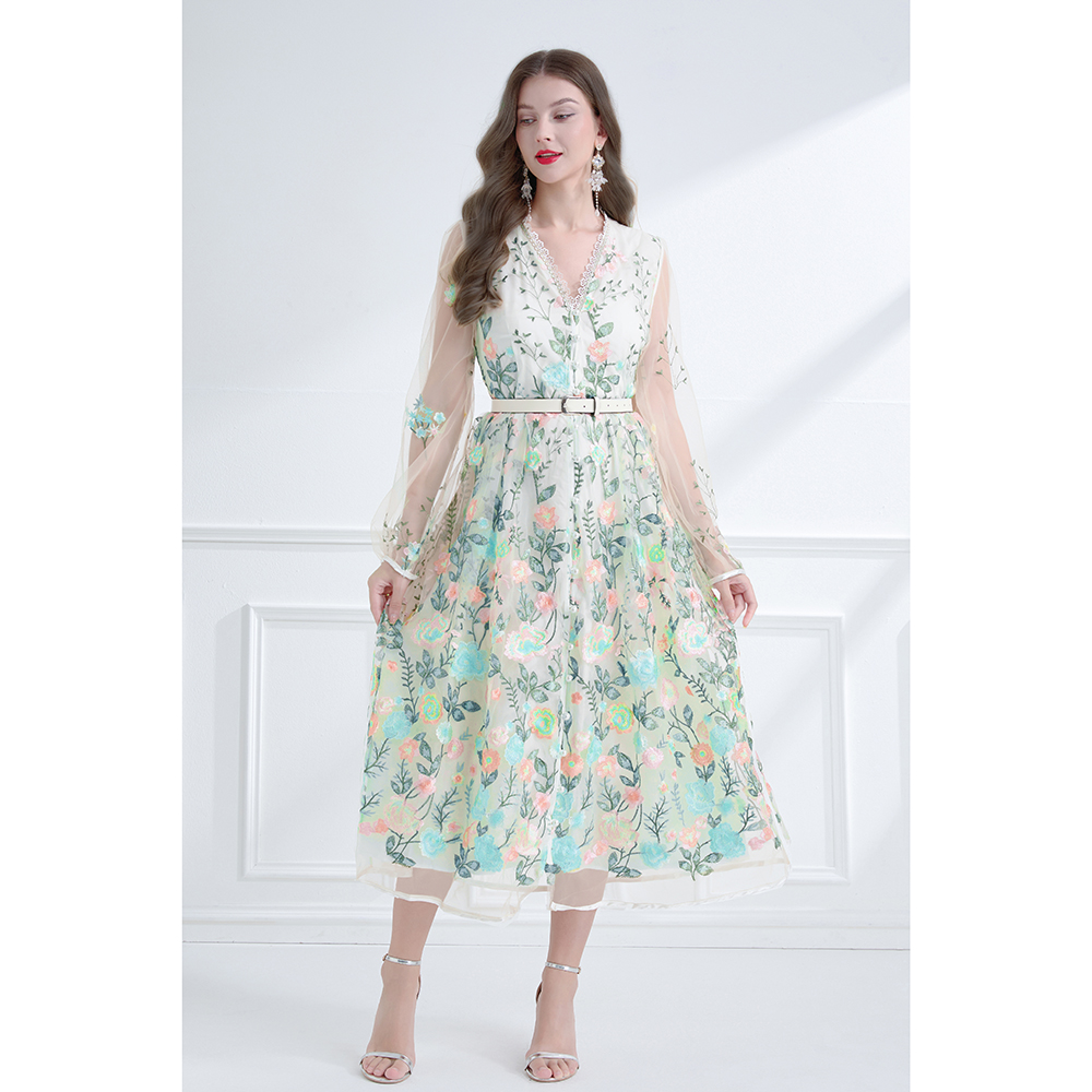 V-neck pinched waist lantern sleeve embroidered dress