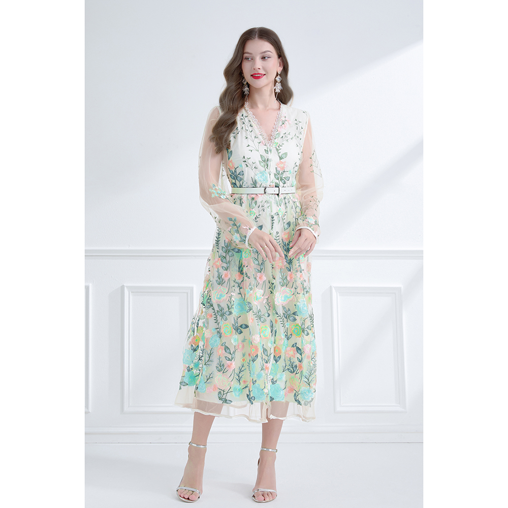 V-neck pinched waist lantern sleeve embroidered dress