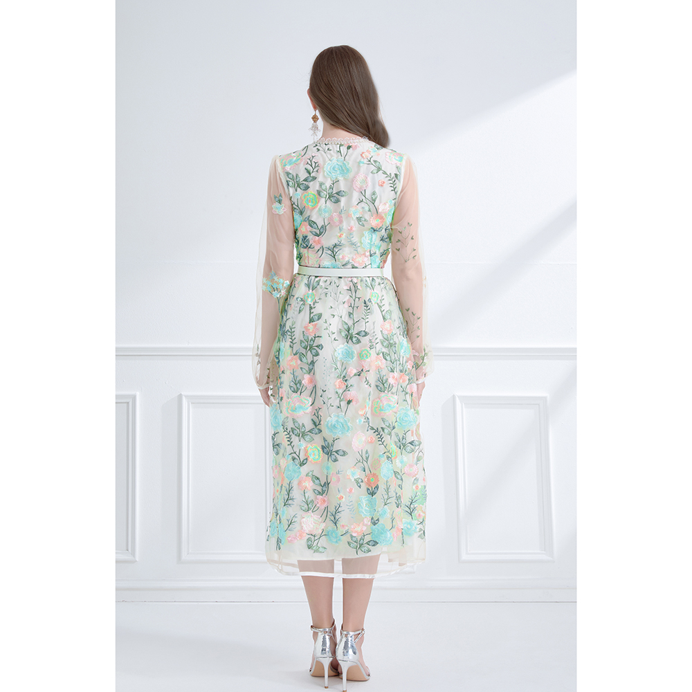 V-neck pinched waist lantern sleeve embroidered dress