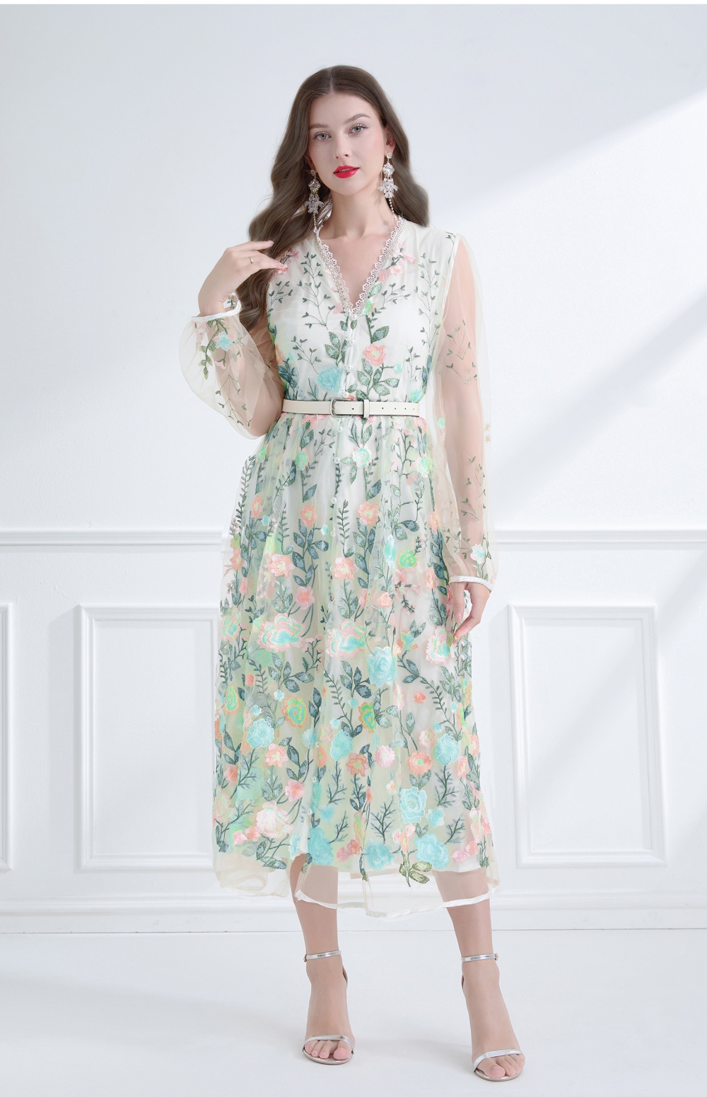 V-neck pinched waist lantern sleeve embroidered dress