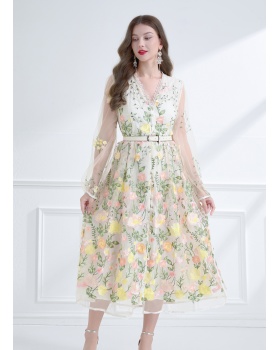 Pinched waist embroidered lace lantern sleeve dress