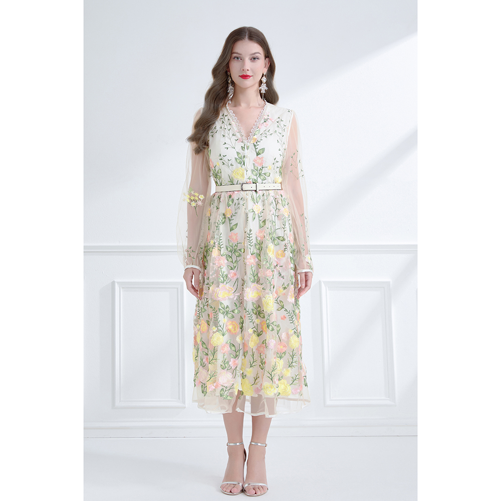 Pinched waist embroidered lace lantern sleeve dress