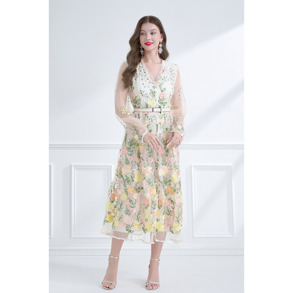 Pinched waist embroidered lace lantern sleeve dress