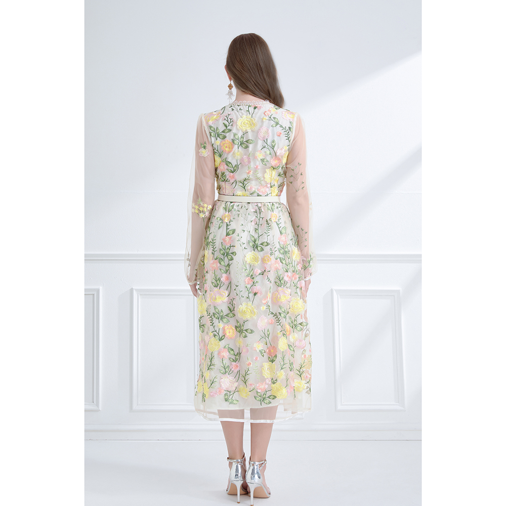 Pinched waist embroidered lace lantern sleeve dress