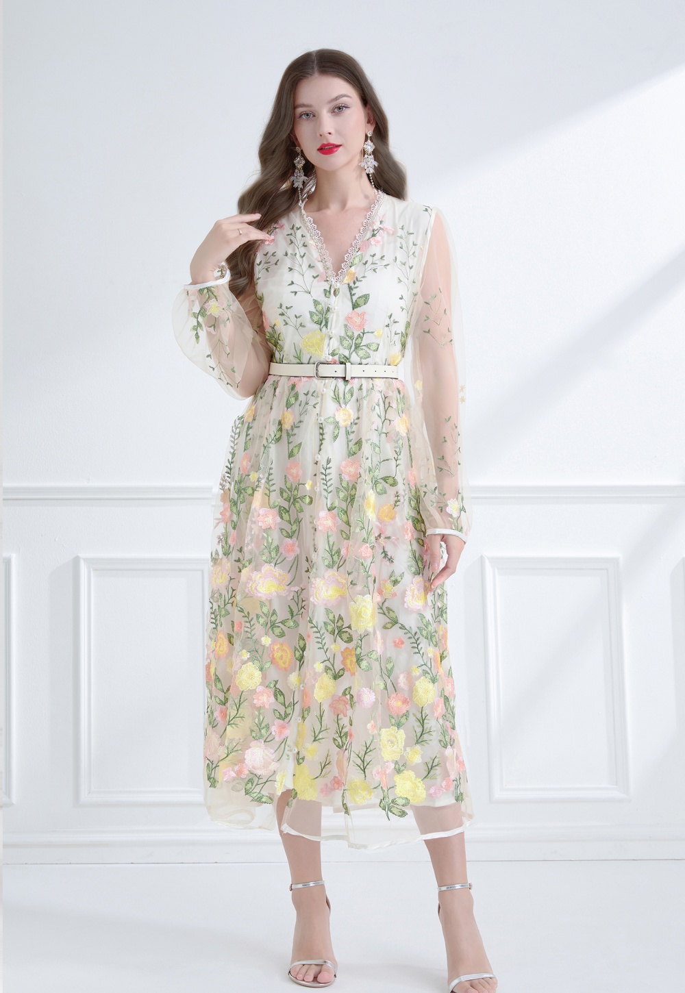 Pinched waist embroidered lace lantern sleeve dress