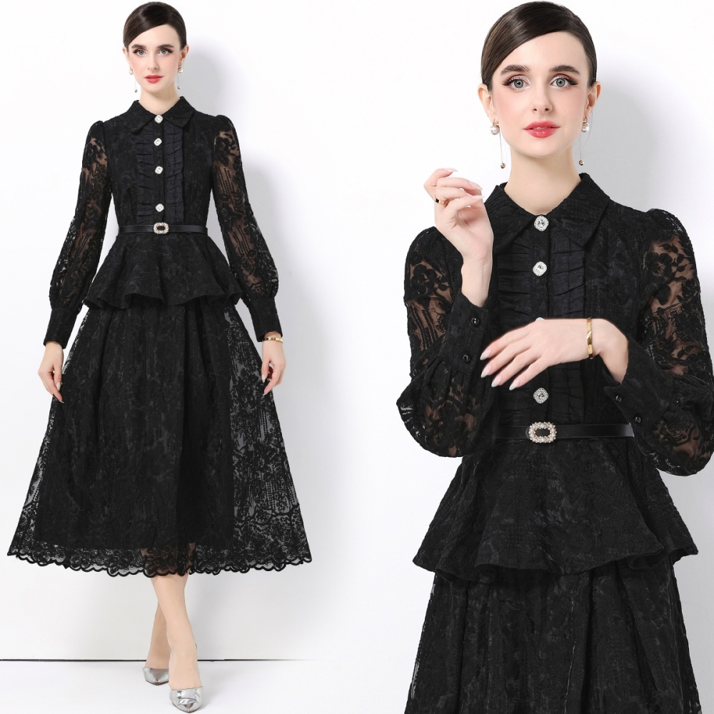 With belt lace elegant temperament embroidery dress