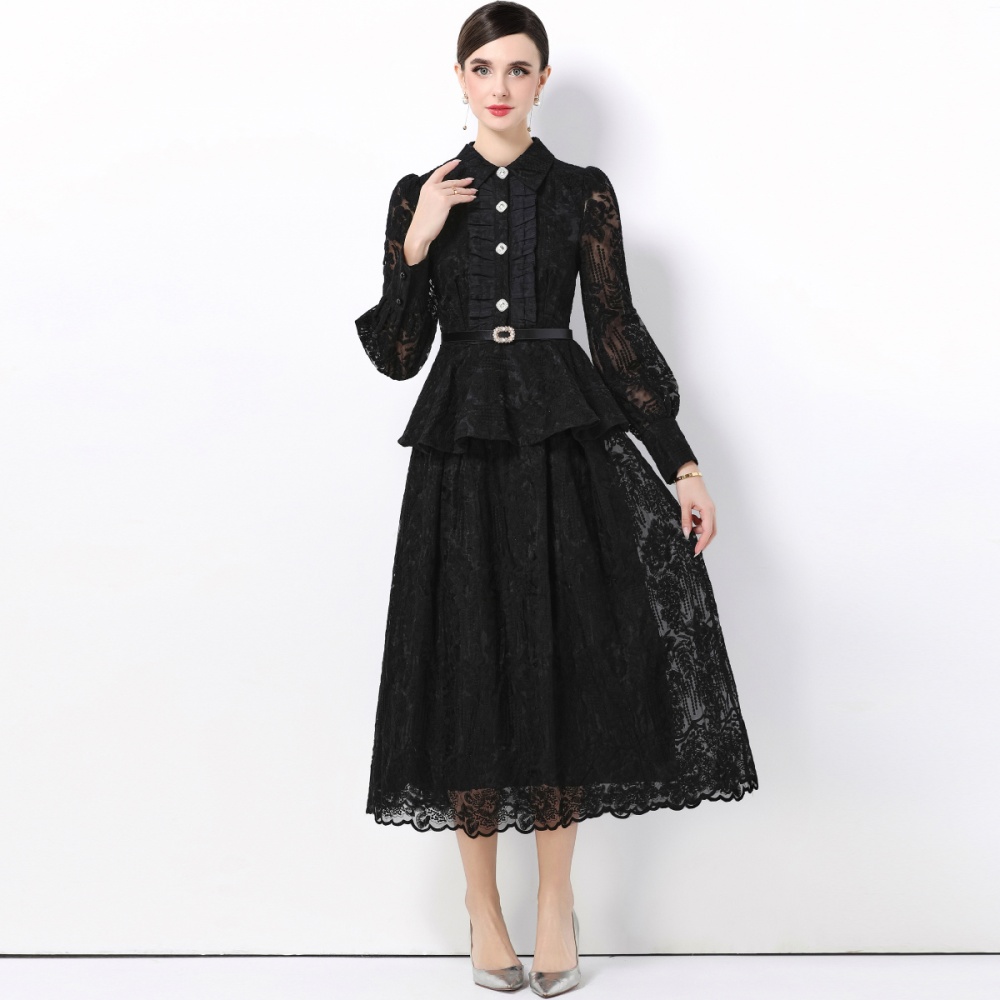 With belt lace elegant temperament embroidery dress