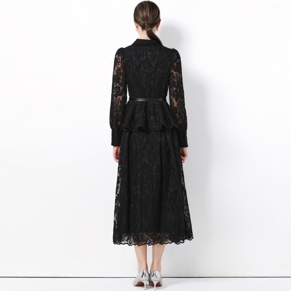 With belt lace elegant temperament embroidery dress