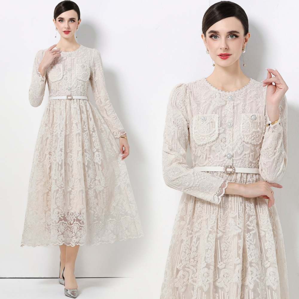 Lace France style long sleeve with belt dress